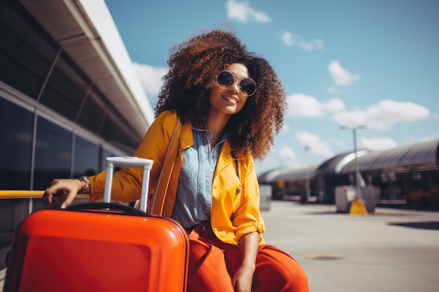 mulher jovem feliz vestindo roupas brilhantes viajando de avião parado no saguão do aeroporto segurando bagagem