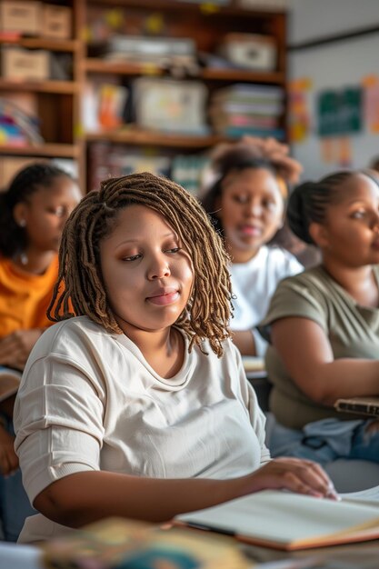 Foto mulher jovem focada no cenário da sala de aula