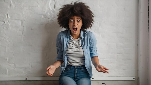 Foto mulher jovem grita e olha para baixo com o rosto ofegante chocado deixar cair algo no chão e olhar para baixo
