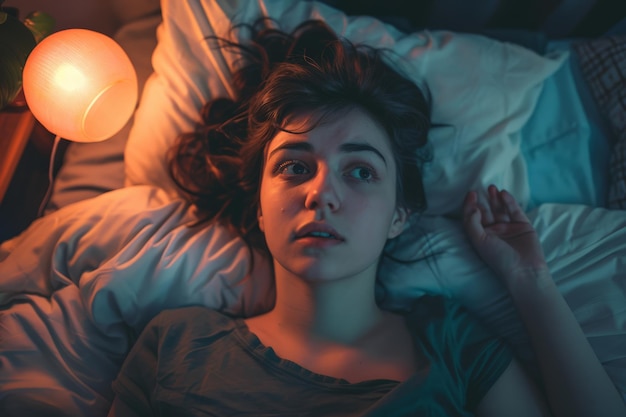 Mulher jovem inquieta na cama com um olhar preocupado quarto banhado na luz da lâmpada