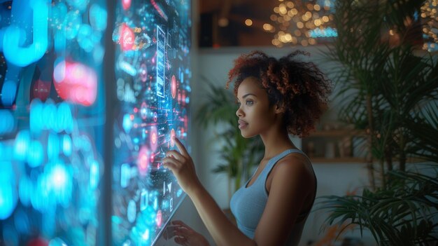 Mulher jovem interagindo com o painel de casa inteligente de alta tecnologia