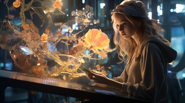 Mulher jovem interagindo com uma exibição holográfica futurista de flores à noite