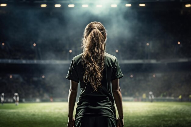 Mulher jovem jogador de futebol no estádio