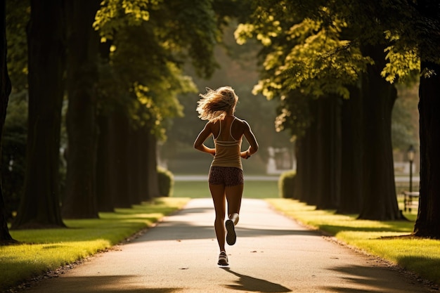 Mulher jovem jogando no parque Estilo de vida saudável e conceito de fitness Uma mulher em forma correndo no parque vista por trás Gerada por IA