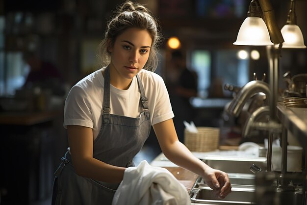 Mulher jovem lavando pratos na cozinha de um restaurante