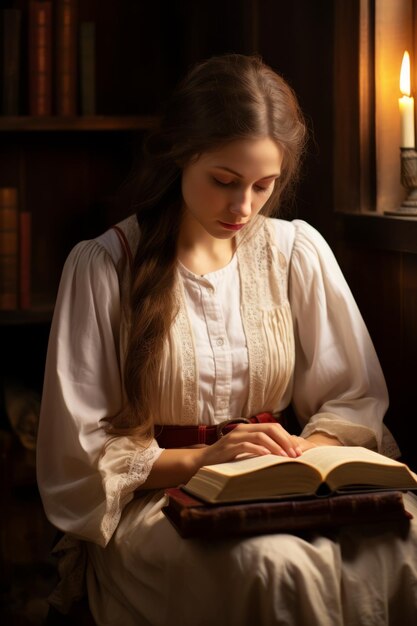 Mulher jovem lendo um livro à luz de velas