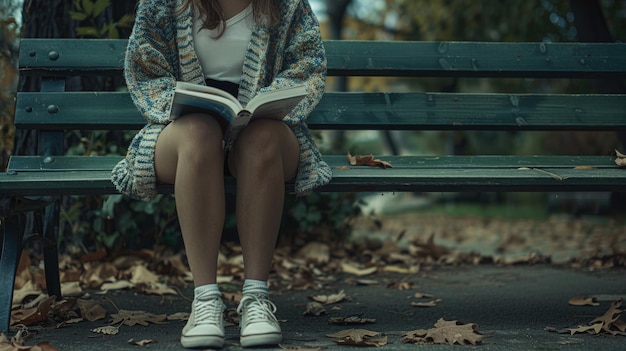 Mulher jovem lendo um livro em um banco do parque no outono