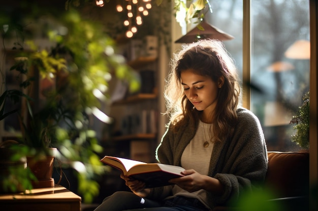 Foto mulher jovem lendo um livro em uma cafeteria aconchegante com grandes janelas