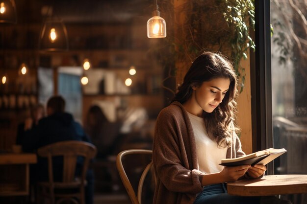 Mulher jovem lendo um livro em uma cafeteria aconchegante com grandes janelas