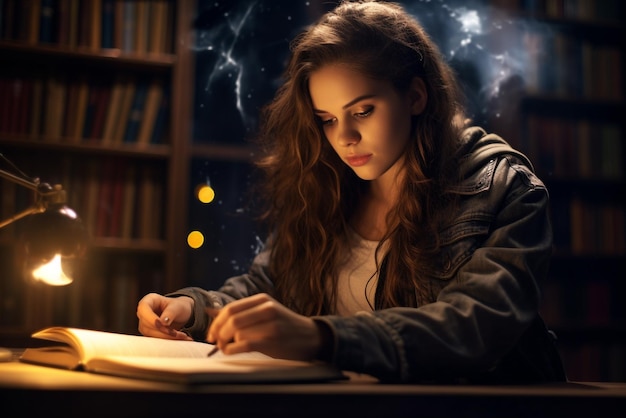 Foto mulher jovem lendo um livro em uma sala escura à noite