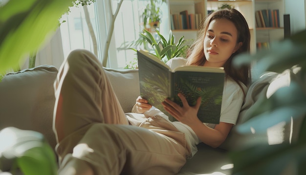 Foto mulher jovem lendo um livro no sofá na sala de estar