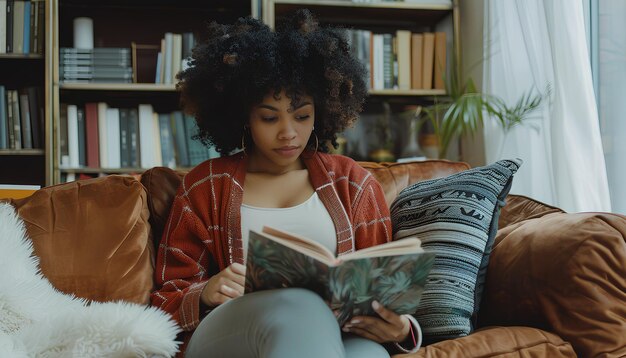 Mulher jovem lendo um livro no sofá na sala de estar