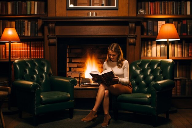 Foto mulher jovem lendo um livro perto da lareira na biblioteca