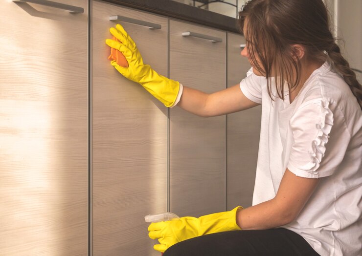 Foto mulher jovem limpando portas de armário de cozinha dentro de casa em casa, vista de perto