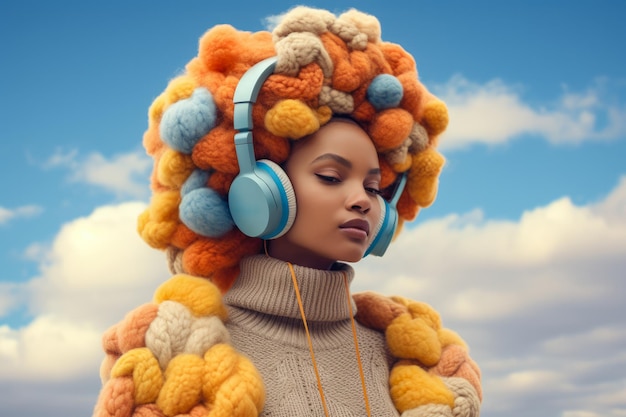 Mulher jovem lofi usando fones de ouvido e roupas coloridas de inverno com um fundo do céu