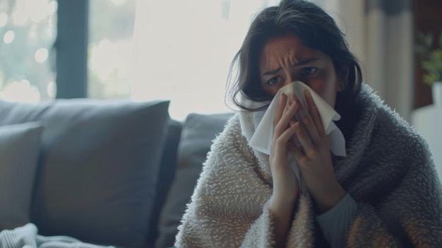 Foto mulher jovem lutando contra um resfriado sentada envolta em um cobertor com lenços