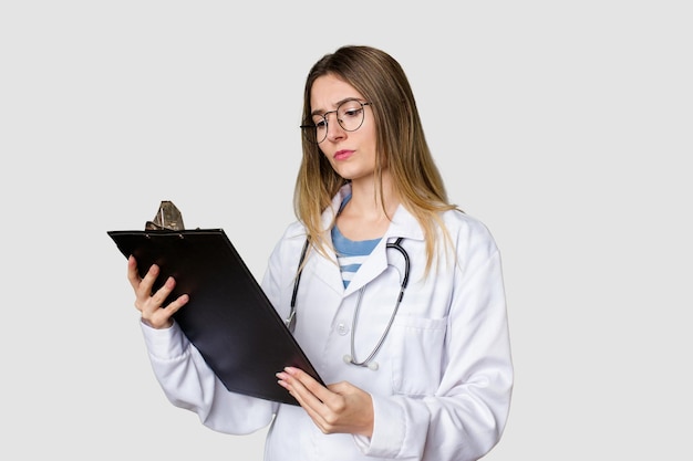 Mulher jovem médico de uniforme lendo arquivos isolados