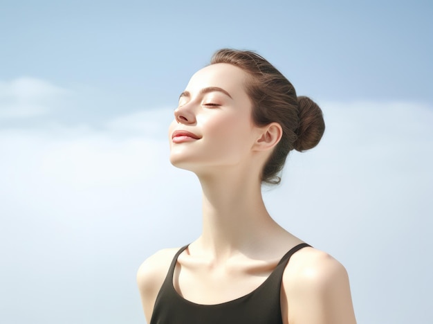 Mulher jovem meditando com o fundo do céu Mindfulness