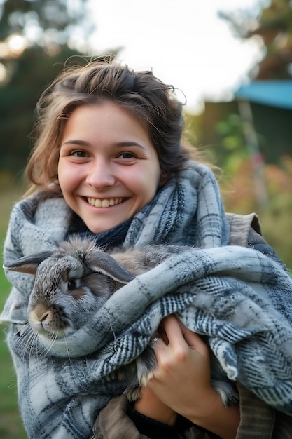 Mulher jovem mestre segurando mestres coelho menina bonita com o coelho feliz modelo feminino com
