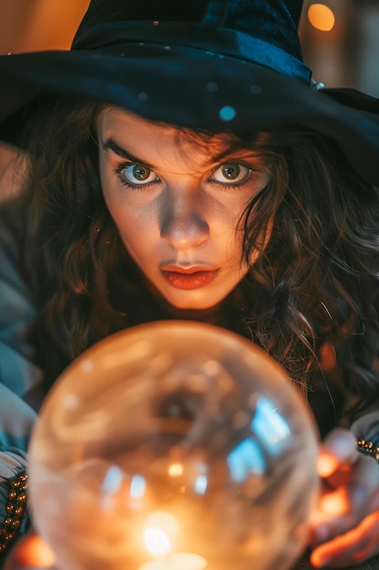 Foto mulher jovem mística em traje de bruxa olhando intensamente para a bola de cristal com iluminação ambiente