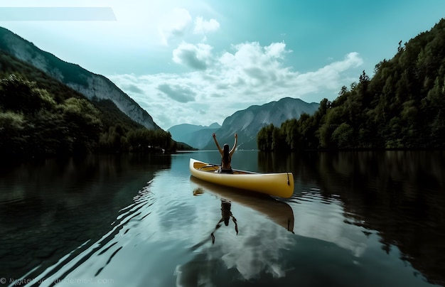 Mulher jovem montando canoa em um lago com fundo de bela paisagem