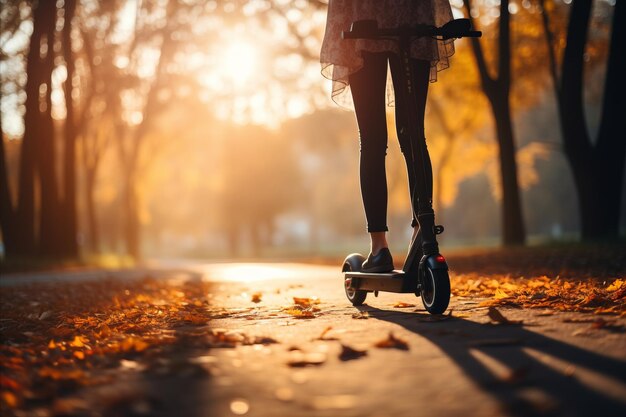 Mulher jovem montando uma scooter elétrica na rua da cidade Vista de perto conceito de transporte ecológico