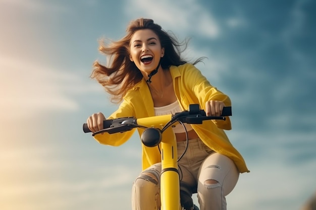 Mulher jovem montando uma scooter na cidade