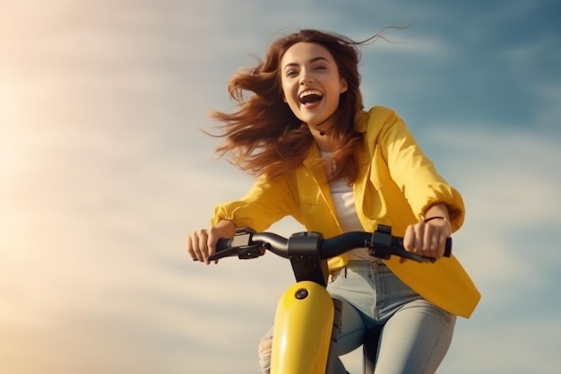 Mulher jovem montando uma scooter na cidade