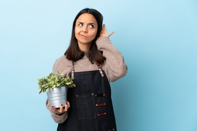 Mulher jovem morena de raça mista, segurando uma planta sobre fundo azul isolado, ouvindo algo, colocando a mão na orelha