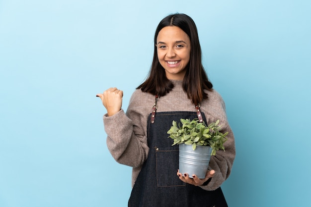 Mulher jovem morena de raça mista segurando uma planta sobre uma parede azul isolada apontando para o lado para apresentar um produto.