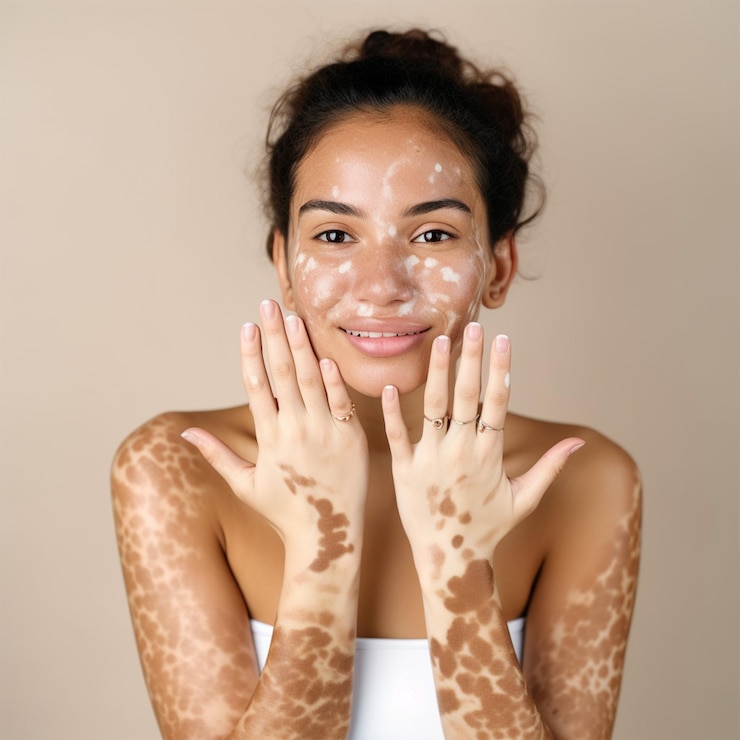 Foto mulher jovem mostrando sua pele de vitiligo