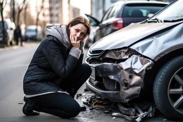 Mulher jovem motorista em acidente de carro e segurando a cabeça perto de carro quebrado na estrada após um acidente de automóvel Acidente de carro na rua carros danificados após a colisão Violação das regras de trânsito