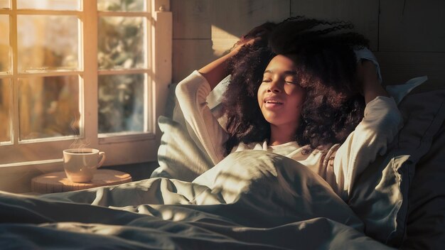 Foto mulher jovem na cama de manhã