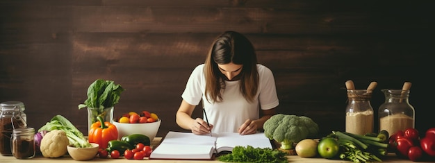 Mulher jovem na cozinha com um caderno a escrever e a pensar em comida saudável