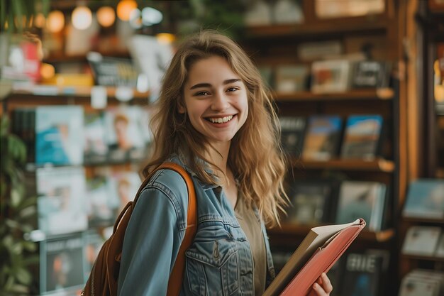 Mulher jovem na loja sorrindo e carregando uma bolsa