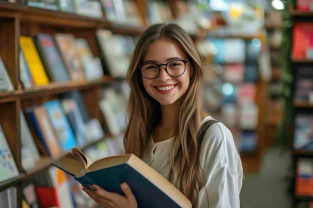 Mulher jovem na loja sorrindo e segurando um livro