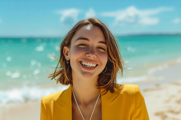 Foto mulher jovem na praia estilo de vida de verão feliz pessoa bonita com cabelo de mar