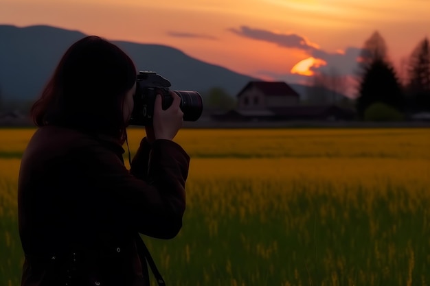 Foto mulher jovem nas montanhas a tirar fotos do pôr-do-sol rede neural gerada pela ia