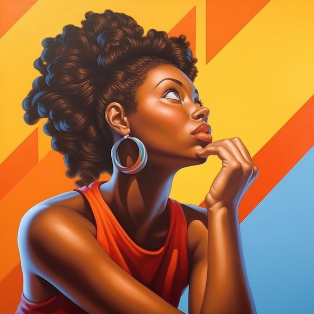 Mulher jovem negra em ilustração de pensamento e dúvidas Personagem feminina hipster com rosto sonhador em fundo abstrato Ai gerou cartaz colorido desenhado brilhante