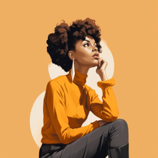 Mulher jovem negra em ilustração de pensamento e dúvidas personagem feminina hipster com rosto sonhador em fundo abstrato ai gerou cartaz colorido desenhado brilhante