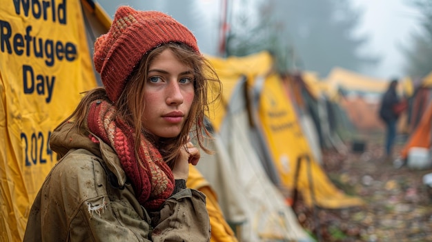 Mulher jovem no Dia Mundial dos Refugiados no acampamento em 2024