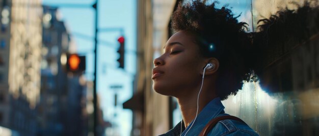 Foto mulher jovem no pôr-do-sol urbano perdida na música e na contemplação pacífica