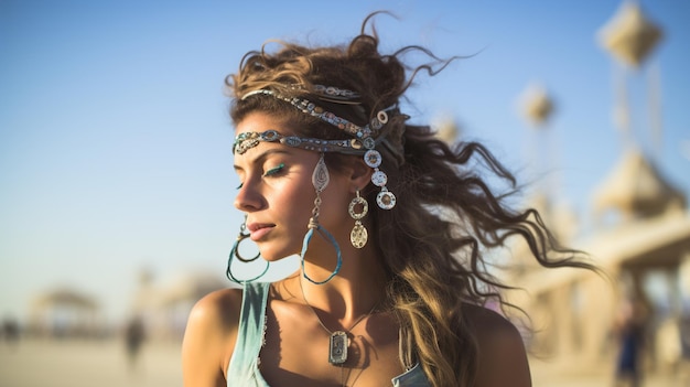 Mulher jovem num festival de música no deserto