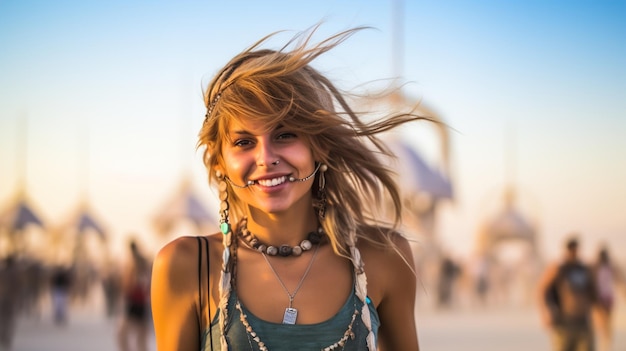 Mulher jovem num festival de música no deserto