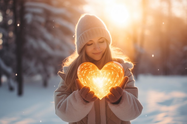 Mulher jovem num País das Maravilhas de Inverno ao nascer do sol segurando um coração brilhante conceito de amor e Natal