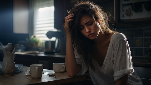 Foto mulher jovem numa cozinha ao pôr-do-sol