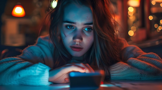 Mulher jovem olhando para a tela do smartphone em uma sala mal iluminada Cores vibrantes e estilo de iluminação bokeh Imagem conceitual de tecnologia e isolamento AI