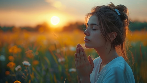 Foto mulher jovem orando em um campo de flores ao pôr-do-sol