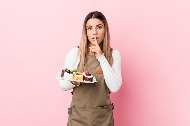 Mulher jovem padeiro segurando doces, mantendo um segredo ou pedindo silêncio.