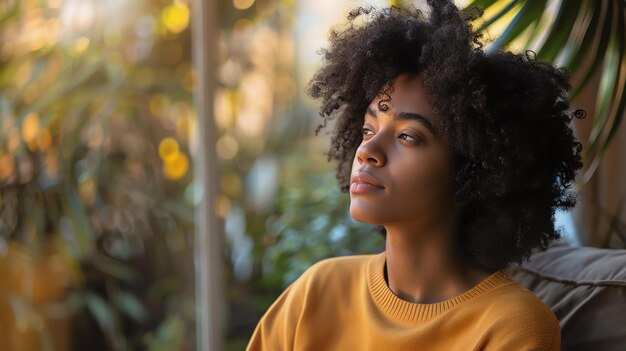 Mulher jovem pensativa olhando para longe com uma expressão pensativa em seu rosto ela está sentada em uma cadeira com uma planta verde no fundo